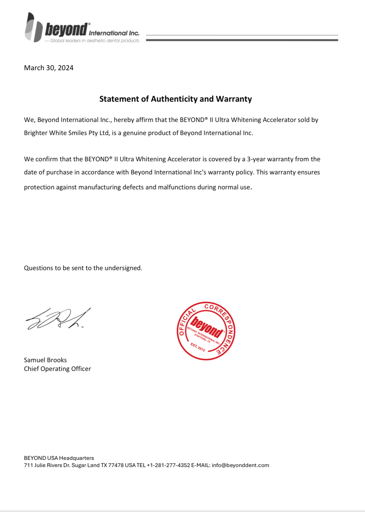 BEYOND International statement confirming authenticity and warranty for the BEYOND II Ultra supplied by Brighter White Smiles